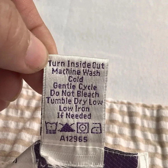 Susan Graver Seersucker Jacket & Shorts Set Womens L Tan Striped Eyelet Retro - Picture 12 of 16